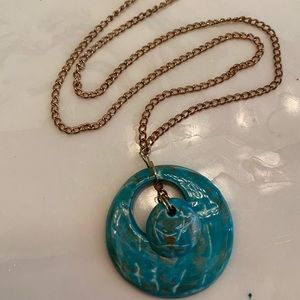 Turquoise clay pendant with gold tone chain
